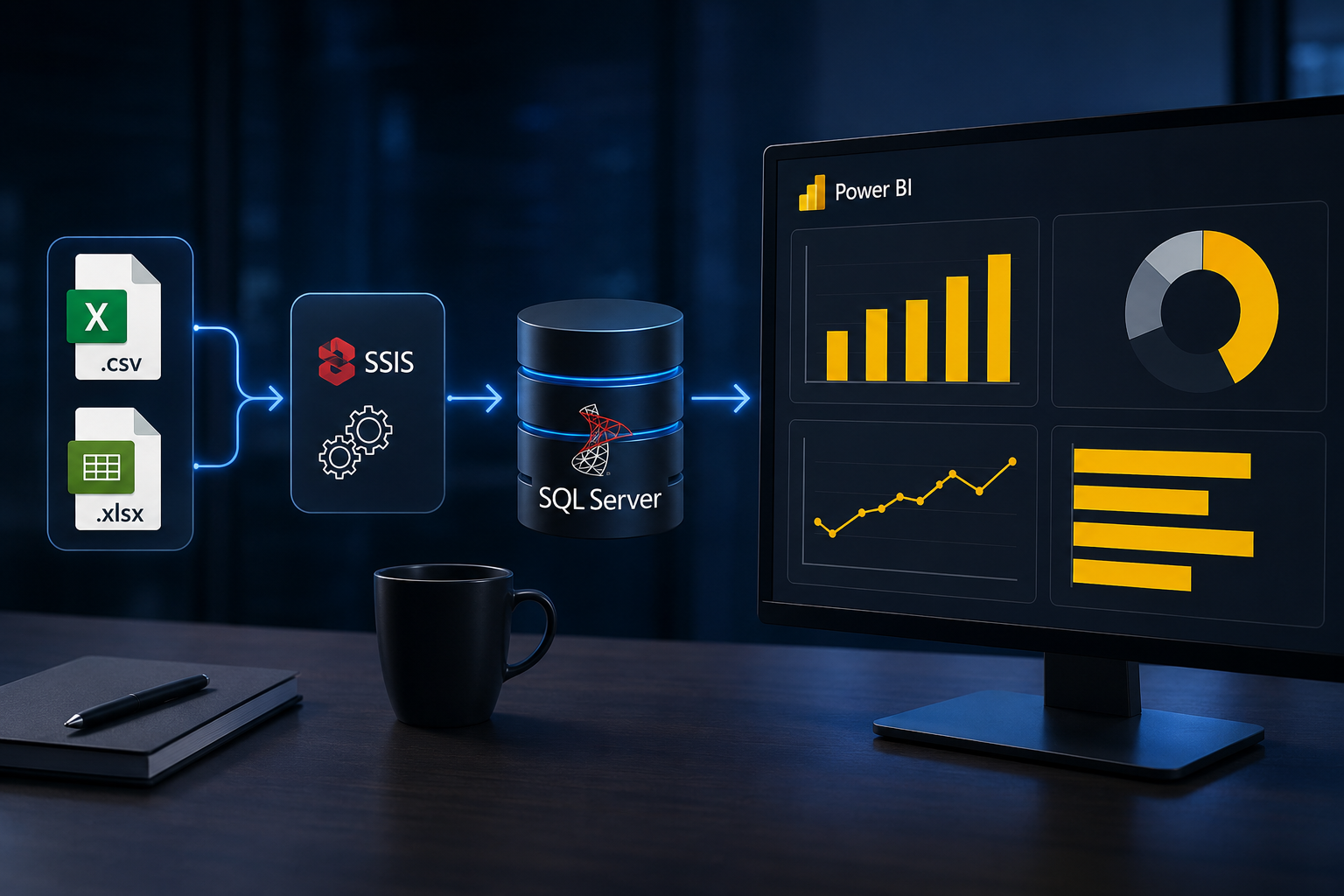 Chaîne décisionnelle reliant des fichiers, SSIS, SQL Server et Power BI