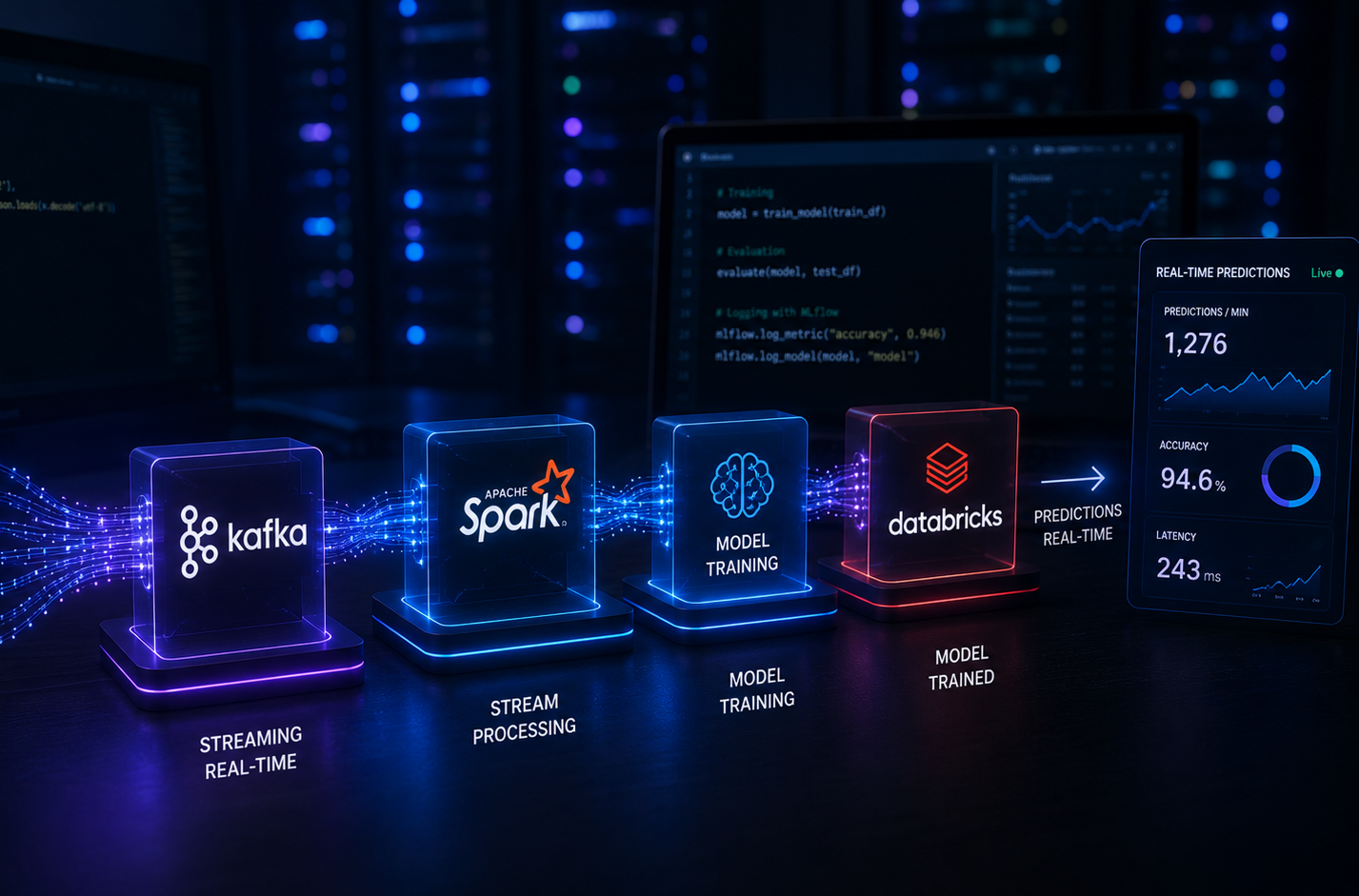 Pipeline temps réel reliant Kafka, Spark, entraînement de modèle et Databricks