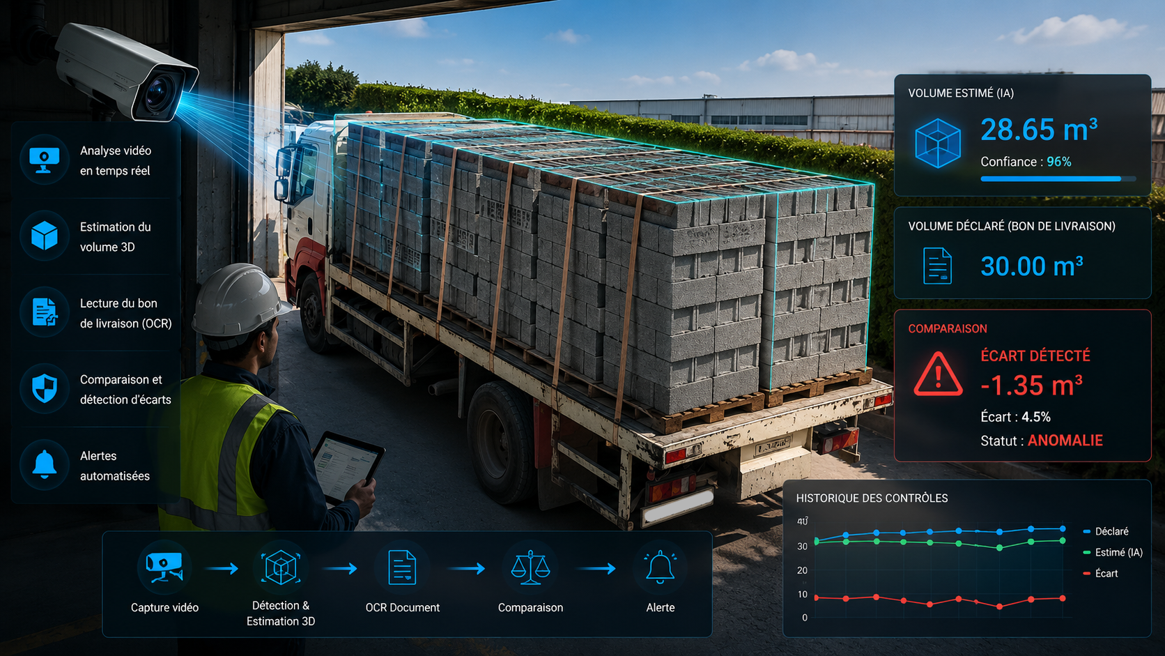Système de vision par ordinateur contrôlant le volume d'un chargement de camion